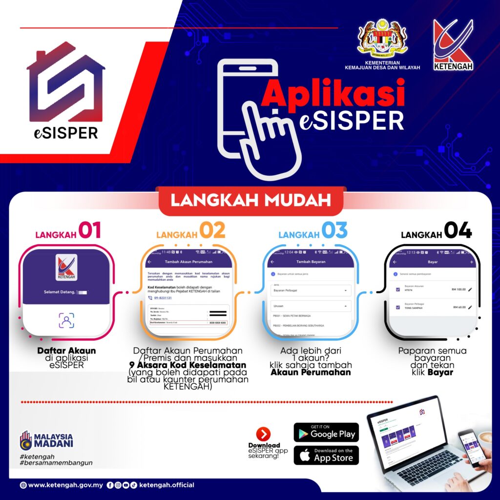 Poster Aplikasi eSISPER — Langkah Mudah 1 hingga 4 untuk mendaftar dan membayar bil perumahan KETENGAH