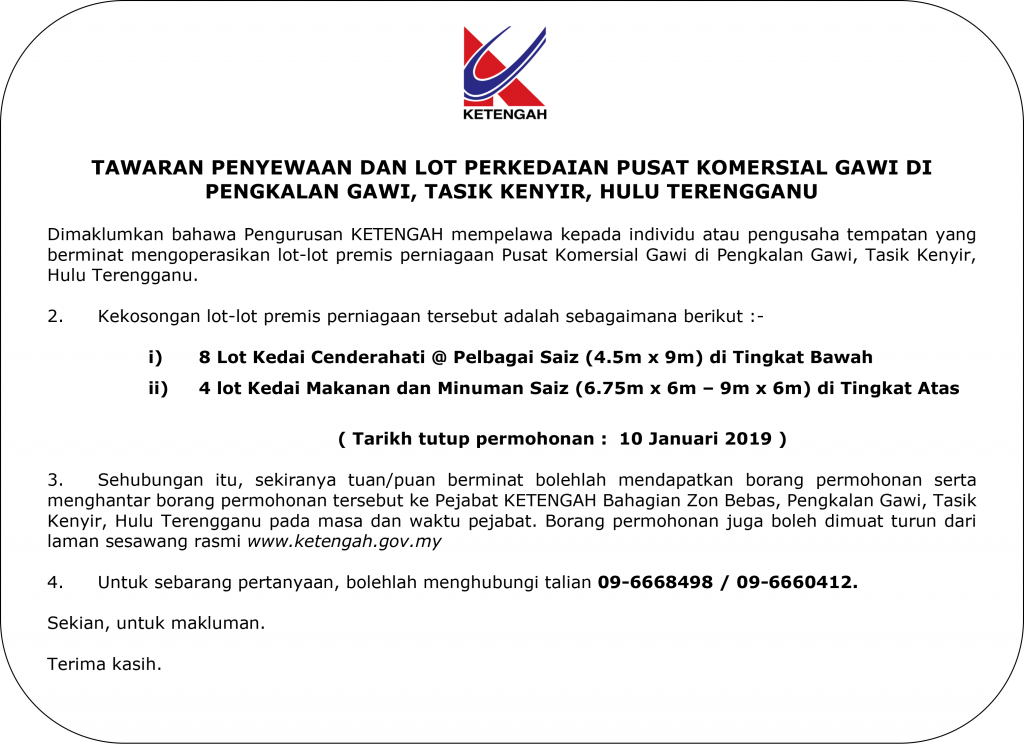 Borang Permohonan Penyewaan Perkedaian di Pengkalan Gawi 